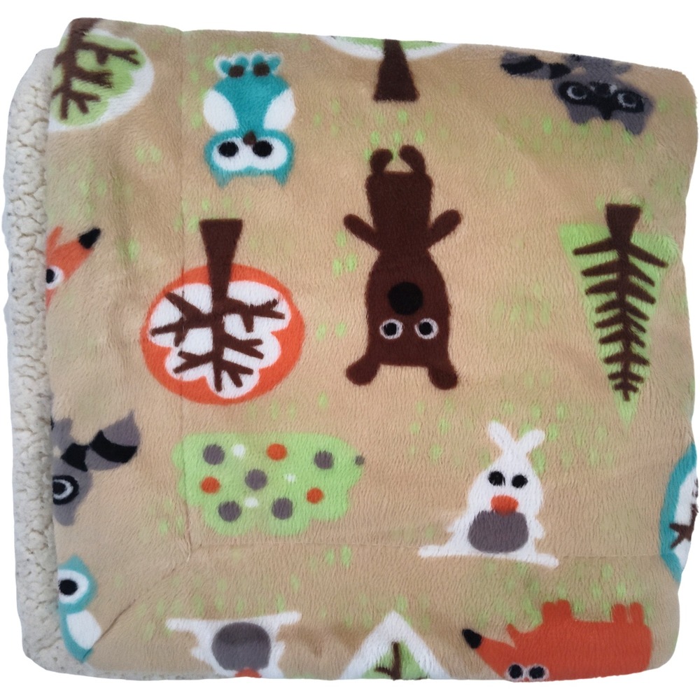 Runt 1478 Brown Forest Animals Baby Blanket Beige Sherpa Tree Bear Owl Bunny Fox